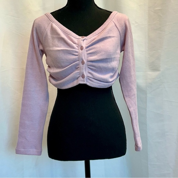 Zara Lilac purple long sleeve off the shoulder cropped sweater top button front - Picture 4 of 14